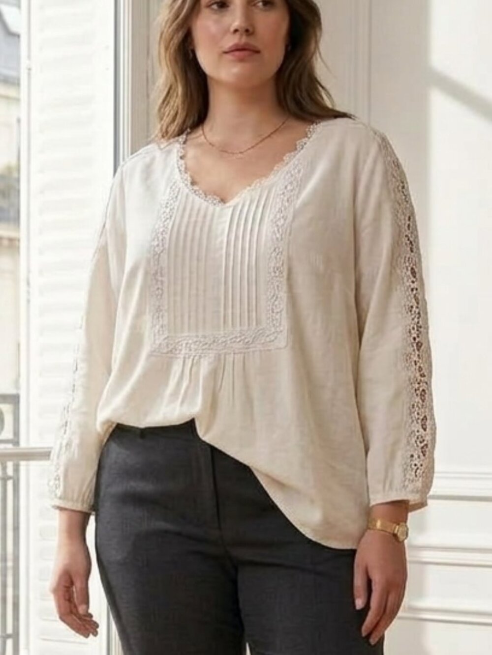 ellos Cream Lace-Trim Linen Blend Tunic Top Size 1X
